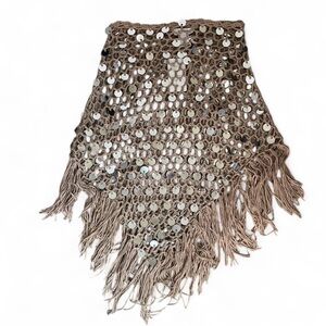 Brown tan sequin crochet festival vacation poncho with fringe size Medium. New